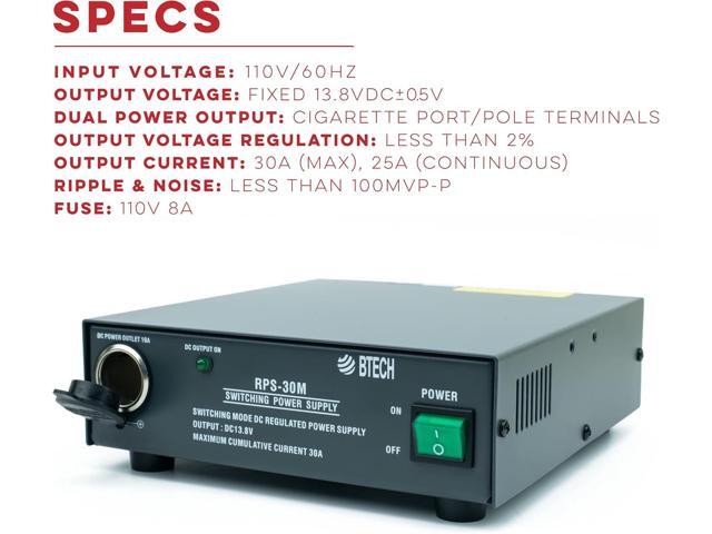 BTECH RPS-30M 30 Amp Compact Regulated Bench Power Supply - 13.8V AC-to-DC Converter with Screw Terminals & Cigarette Plug Output