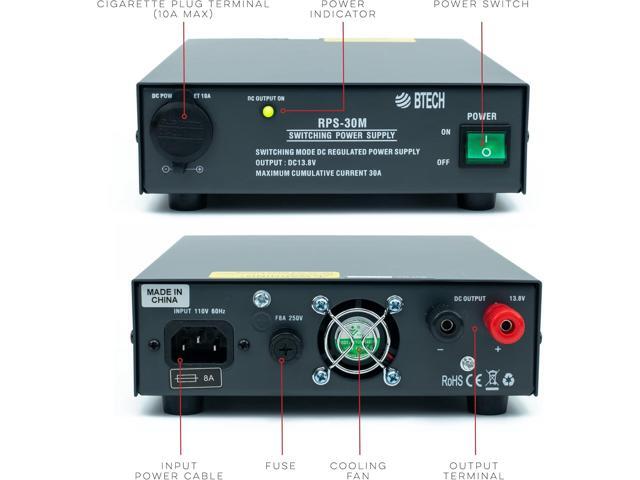 BTECH RPS-30M 30 Amp Compact Regulated Bench Power Supply - 13.8V AC-to-DC Converter with Screw Terminals & Cigarette Plug Output
