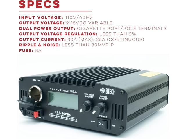 BTECH RPS-30PRO 30 Amp Regulated Universal Compact Bench Power Supply, AC-to-DC Power Convertor, 13.8V (9~15VDC Adjustable) with Noise Offset...