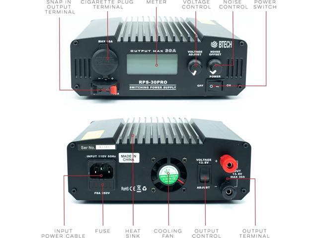 BTECH RPS-30PRO 30 Amp Regulated Universal Compact Bench Power Supply, AC-to-DC Power Convertor, 13.8V (9~15VDC Adjustable) with Noise Offset...