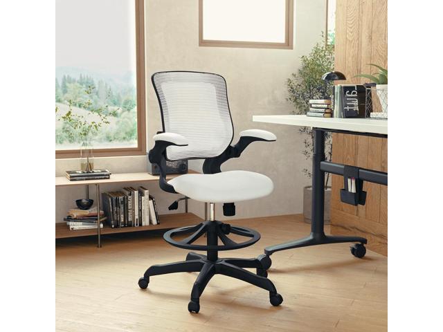Flash Furniture Kale Mid-Back White Mesh Ergonomic Drafting Chair Adjustable Foot Ring, Flip-Up Arms