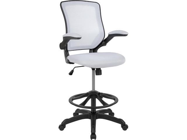 Flash Furniture Kale Mid-Back White Mesh Ergonomic Drafting Chair Adjustable Foot Ring, Flip-Up Arms