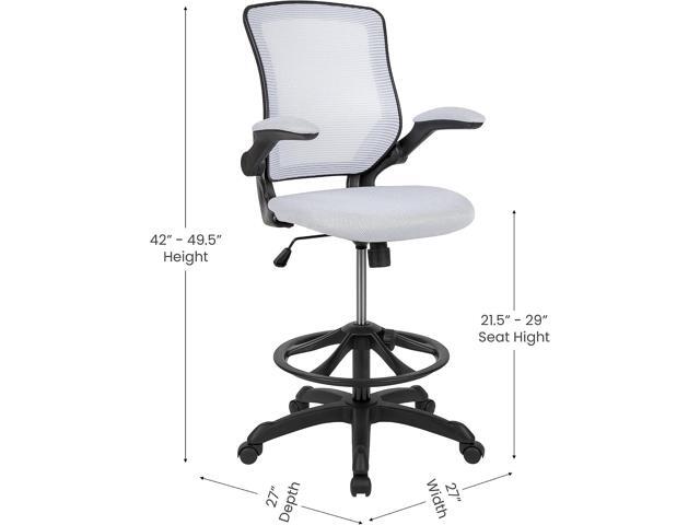 Flash Furniture Kale Mid-Back White Mesh Ergonomic Drafting Chair Adjustable Foot Ring, Flip-Up Arms