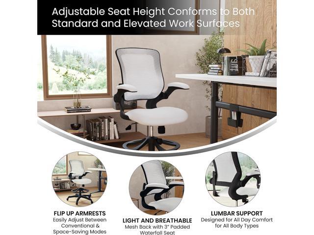 Flash Furniture Kale Mid-Back White Mesh Ergonomic Drafting Chair Adjustable Foot Ring, Flip-Up Arms