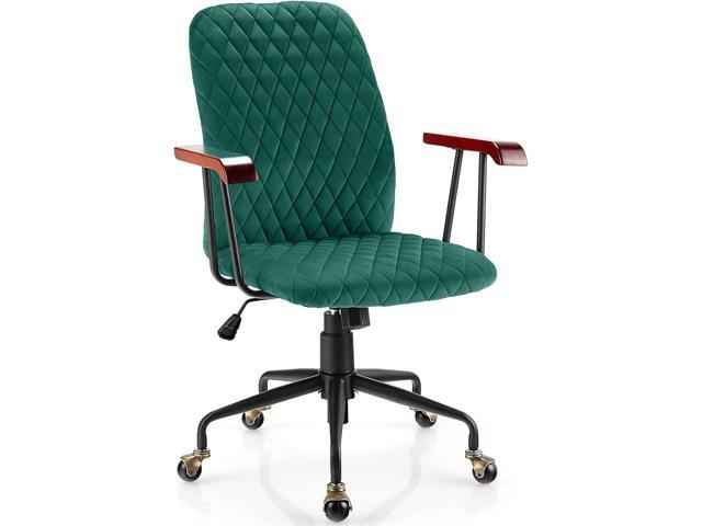 COSTWAY Green Velvet Office Chair, Upholstered Home Leisure Chair with Rubber Wood Armrests & 5-Claw Metal Base, Vintage Mid-Back Computer Desk...