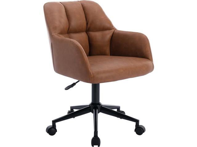 Modern PU Leather Office Desk Chair with Armrest, Height Adjustable Wide Seat Computer Task Chair for Home Office, Mid Back Accent Chair, Brown