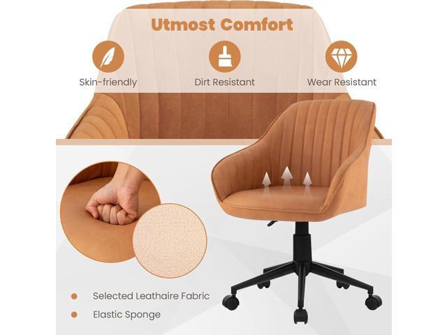 Giantex Leather Office Chair Brown, Mid Century Desk Chair with Wheels and Ergonomic Armrests, Adjustable Swivel Rolling Task Chair, Upholstered...