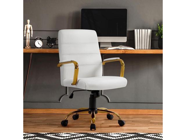 Topeakmart Office Desk Chair Mid-Back Adjustable Chair PU Leather Executive Chair w/Gold Frame White Seat