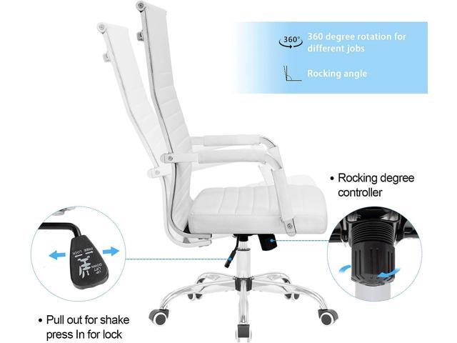 KaiMeng Ribbed Office High Back PU Leather Desk Adjustable Swivel Task Computer Chair with Armrest for Conference Study Leisure, White
