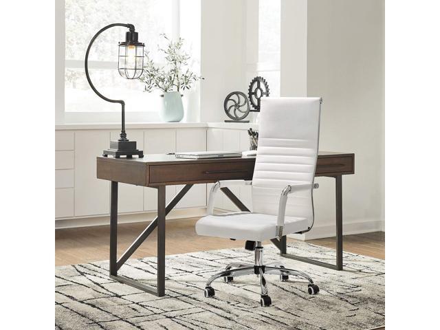 KaiMeng Ribbed Office High Back PU Leather Desk Adjustable Swivel Task Computer Chair with Armrest for Conference Study Leisure, White