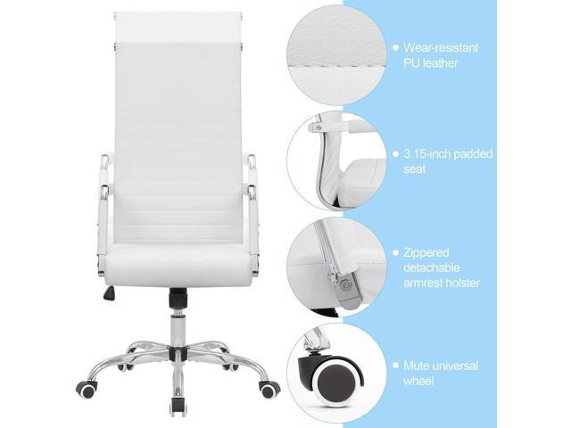 KaiMeng Ribbed Office High Back PU Leather Desk Adjustable Swivel Task Computer Chair with Armrest for Conference Study Leisure, White
