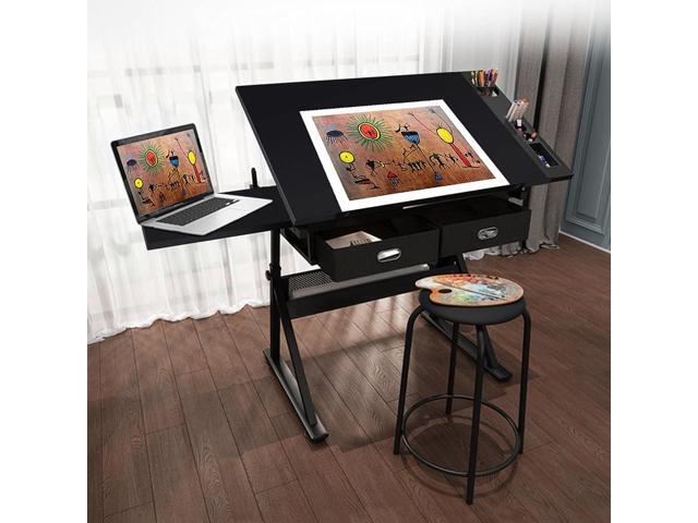 Yaheetech Art Craft Table Drawing Table Height Adjustable Drafting Desk Work Station with Tiltable Tabletop w/Stool and 2 Storage Drawers for...