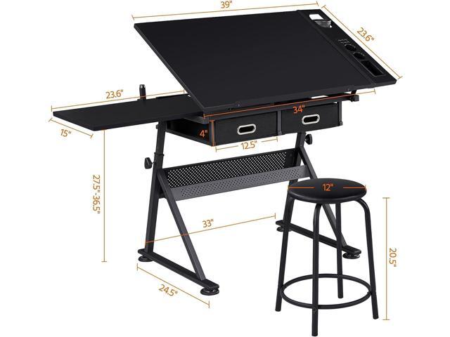 Yaheetech Art Craft Table Drawing Table Height Adjustable Drafting Desk Work Station with Tiltable Tabletop w/Stool and 2 Storage Drawers for...