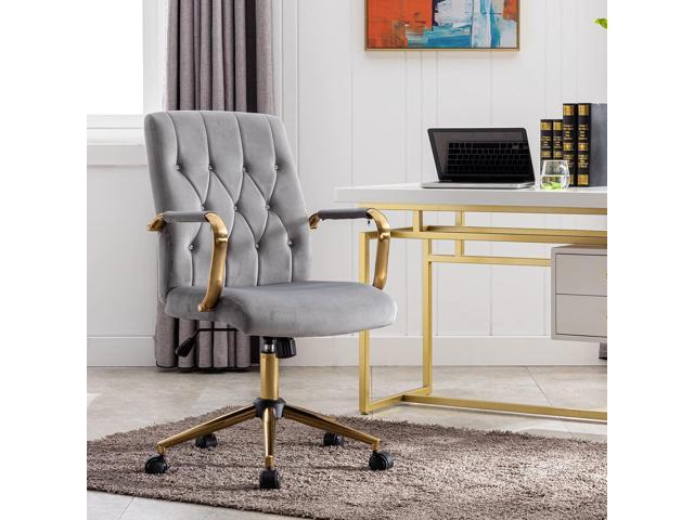 DUHOME Velvet Home Office Desk Chairs, Modern Gold Task Chair with Wheels for Office, Swivel Adjustable Computer Chair with Armrest and Gold Base Grey