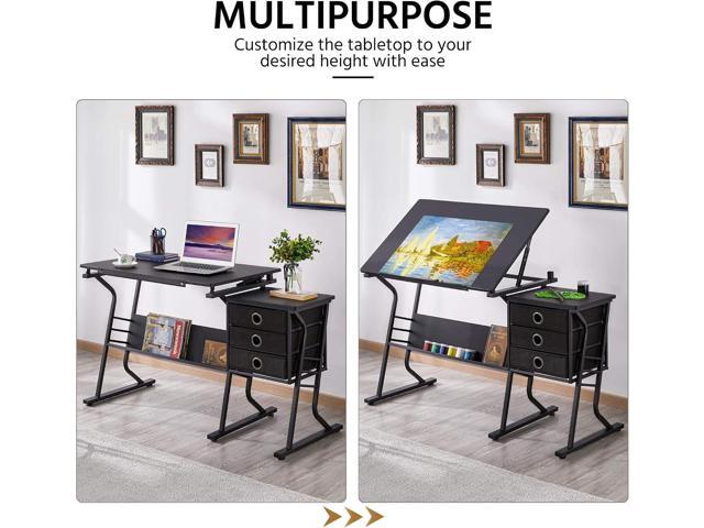 Topeakmart Height Adjustable Drafting Table Art Craft Desk Work Station Hobby Design Studio Tiltable Tabletop Drawing Desk with Stool & Storage...