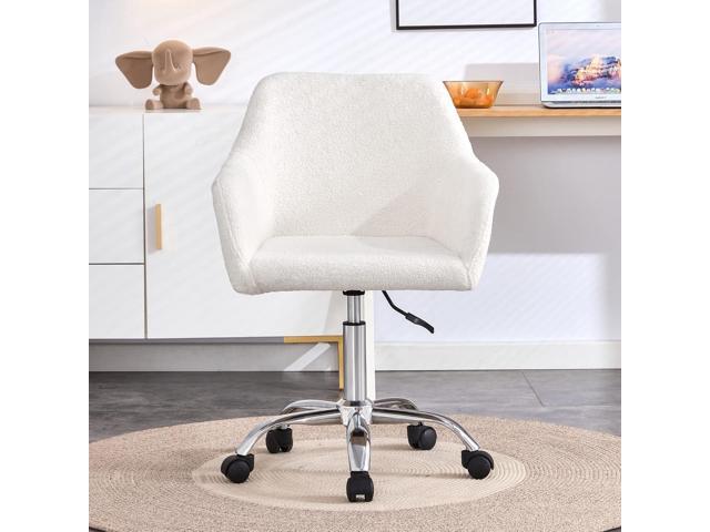 SSLine Faux Fur Vanity Chair Elegant White Furry Makeup Desk Chairs for Girls Women Modern Comfy Arm Chair with Wheels in Bedroom Living...