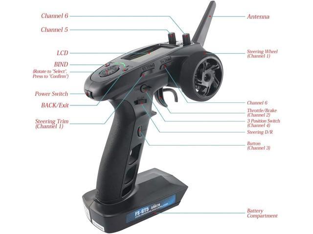 DTXMX Flysky FS-GT5 6 Channels RC Transmitter with FS-BS6 Gyro Receiver 2.4G RC Radio Controller 20 Models Storage for RC Buggy Crawler Car Boats Tank