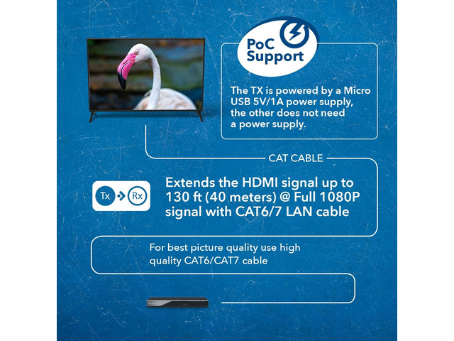 OREI 1080p HDMI Extender Over Ethernet up to 131 Feet - 1080@60Hz HDMI 1.4 HDCP 1.4, Over CAT6/7 Cable- Power Over Cable (EX-130C)