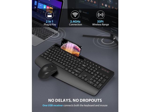 Wireless Keyboard and Mouse Combo - Full-Sized Ergonomic Keyboard with Wrist Rest, Phone Holder, Sleep Mode, Silent 2.4GHz Cordless Keyboard Mouse...