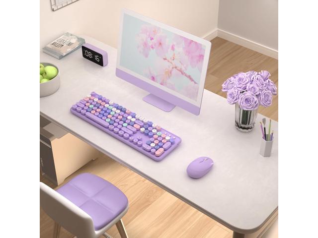 Colorful Wireless Keyboard and Mouse Combo, COVEVA 2.4GHz Wireless Retro Cute Round Keycaps Keyboard, 104 Keys Full-Sized Keyboard Mouse Set with...