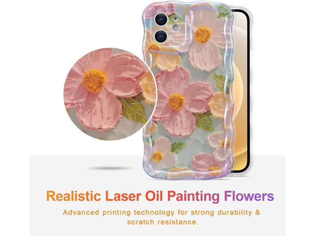 EYZUTAK Case for iPhone 11, Colorful Retro Oil Painting Printed Flower Laser Beam Glossy Pattern Cute Curly Waves Border Exquisite Phone Cover...