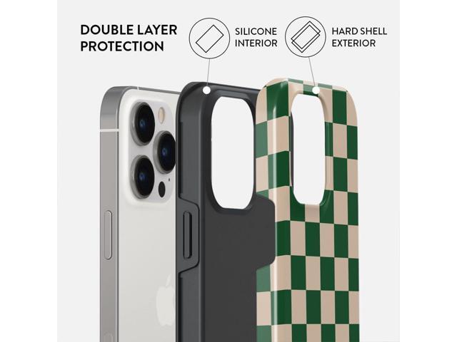 BURGA Phone Case Compatible with iPhone 14 PRO - Hybrid 2-Layer Hard Shell + Silicone protective Case -Green Checkers Pattern Chess -...