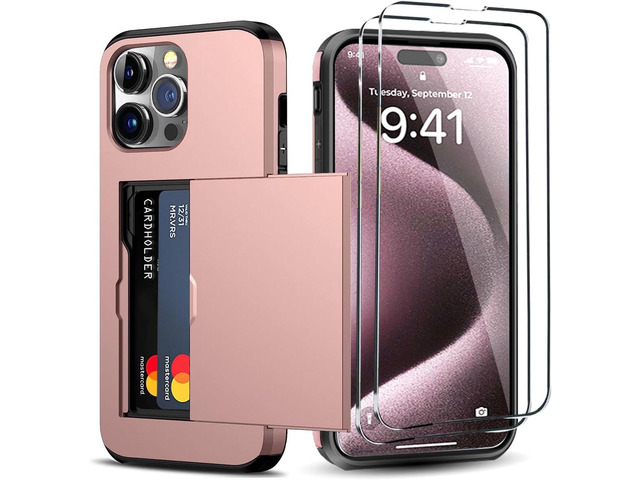 for iPhone 15 Pro Wallet Case with Card Holder + 2 Tempered Glass Screen Protector, Heavy Duty Protective Dual Layer Shockproof Hidden Card Slot...