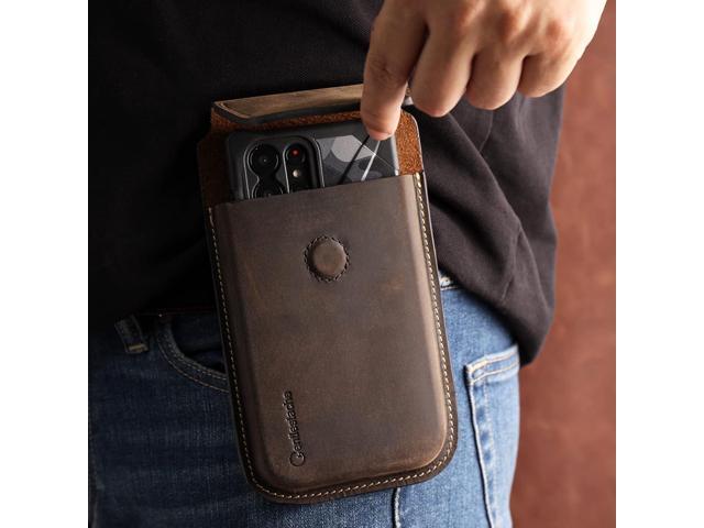 Leather Cell Phone Holster with Belt Clip, Flip Case for iPhone 14 13 Pro Max, Holder S22 Plus, Universal Pouch Large Phone,Darkbrown
