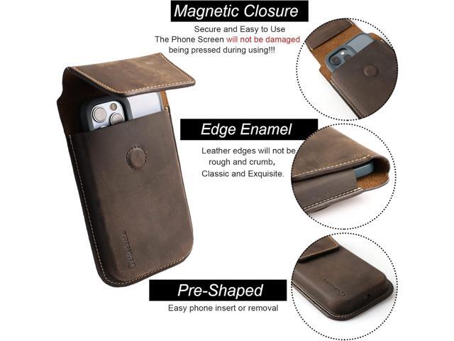 Leather Cell Phone Holster with Belt Clip, Flip Case for iPhone 14 13 Pro Max, Holder S22 Plus, Universal Pouch Large Phone,Darkbrown