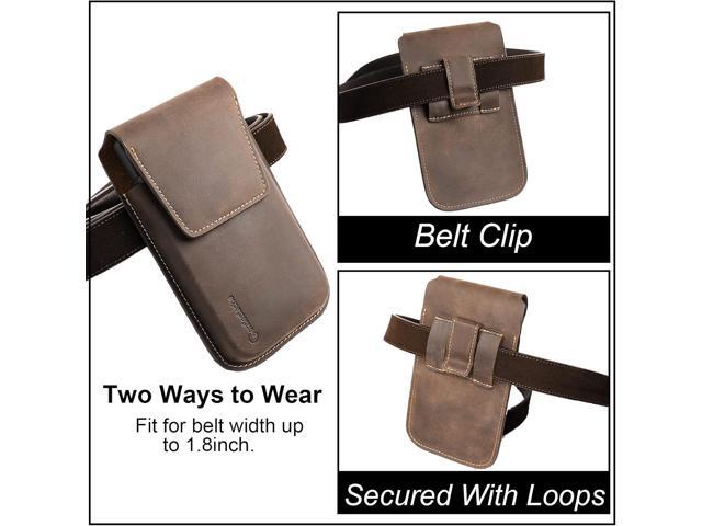 Leather Cell Phone Holster with Belt Clip, Flip Case for iPhone 14 13 Pro Max, Holder S22 Plus, Universal Pouch Large Phone,Darkbrown