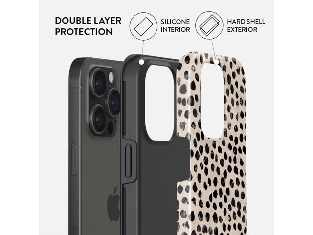 BURGA Phone Case Compatible with iPhone 15 PRO MAX - Hybrid 2-Layer Hard Shell + Silicone Protective Case -Black Polka Dots Pattern Nude Almond...