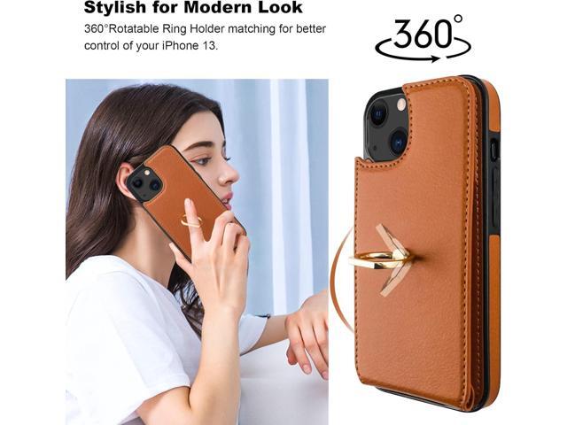 Folosu Compatible with iPhone 13 Case Wallet with Card Holder, 360°Rotation Finger Ring Holder Kickstand Protective RFID Blocking PU Leather Double...