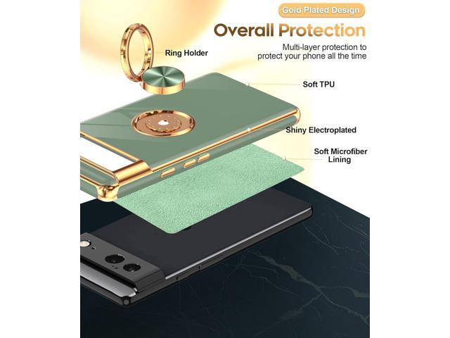 LeYi for Google Pixel 6 Phone Case: 360° Rotatable Ring Holder Magnetic Kickstand, Plating Rose Gold Edge Protective Google Pixel 6 Case, L-Green