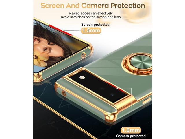 LeYi for Google Pixel 6 Phone Case: 360° Rotatable Ring Holder Magnetic Kickstand, Plating Rose Gold Edge Protective Google Pixel 6 Case, L-Green