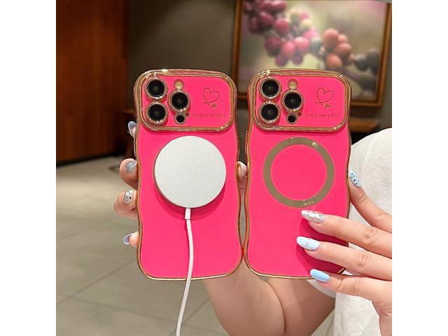 for iPhone 14 Pro Max Case Magnetic,for Women Girls Soft Cute Wave Frame Curly Shape Love Heart Luxury Plating Phone Case Compatible with MagSafe...