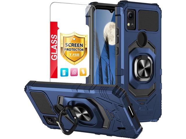 TJS Compatible for Cricket Icon 5 Case, AT & T Motivate 4 Case, with Tempered Glass Screen Protector, Metal Ring Magnetic Support Kickstand Heavy...