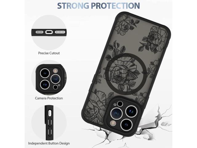 Case for iPhone 15 Pro [Compatible with MagSafe] Black Flower Floral Pattern Design Case for Women Girls Soft TPU Bumper Hard PC Back Anti-Fall...