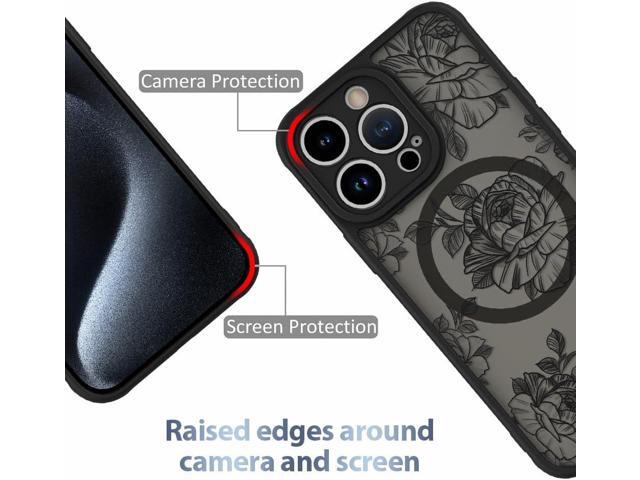 Case for iPhone 15 Pro [Compatible with MagSafe] Black Flower Floral Pattern Design Case for Women Girls Soft TPU Bumper Hard PC Back Anti-Fall...