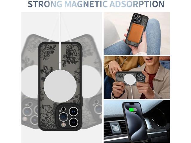 Case for iPhone 15 Pro [Compatible with MagSafe] Black Flower Floral Pattern Design Case for Women Girls Soft TPU Bumper Hard PC Back Anti-Fall...