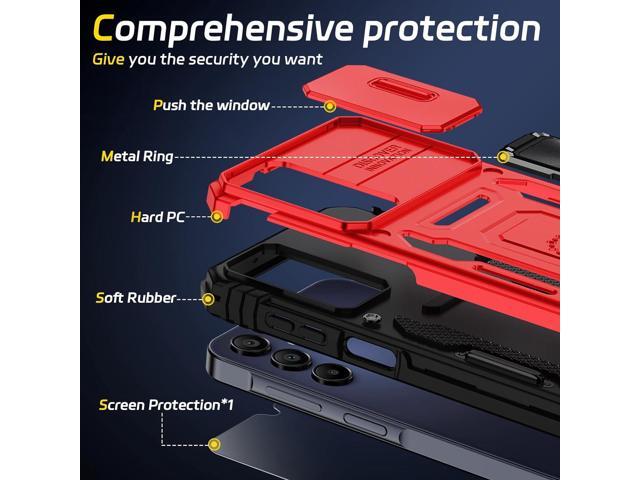 for Samsung Galaxy A15-5G Phone Case with Tempered Glass Screen Protector+Slide Camera Cover, with Magnetic Kickstand Galaxy A15 5G Case, Samsung...