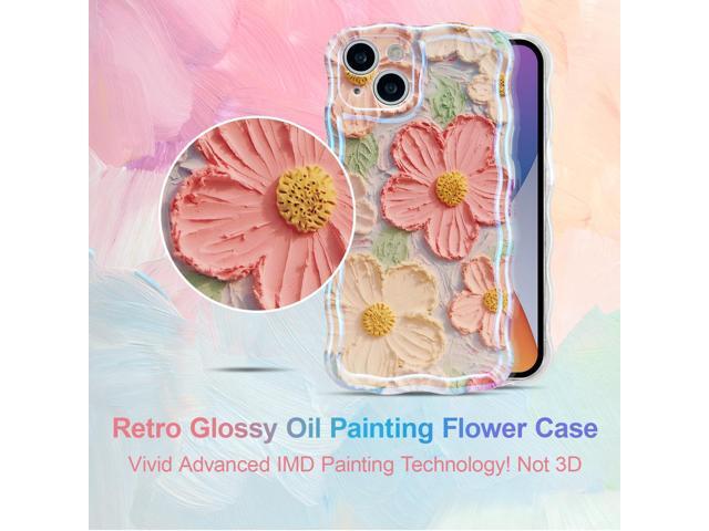 Case for iPhone 14 6.1 inch, Colorful Retro Oil Painting Flower Case Pretty Glossy Pattern Wave Case Cute Sparkly Floral Curly Cover Stylish Soft...