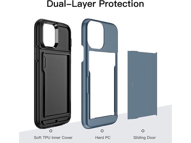 Wallet Case for iPhone 12/12 Pro 6.1-Inch with Card Holder, Dual Layer Shockproof Protective Phone Cover, Sliding Hidden Slot (Sea Blue)