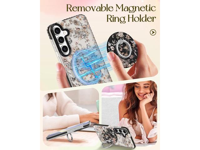 for Samsung Galaxy S23 FE Case for Women - Girls Cute Design Compatible with Magsafe Magnetic Ring Holder Stand Butterfly Plants Phone Covers...