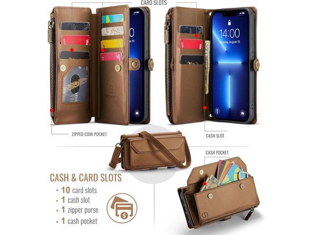 Crossbody for iPhone 13 Pro Max Phone Case WalletRFID Blocking with 10-Card Holder Zipper Bills Slot, Soft PU Leather Magnetic Wrist Strap for...