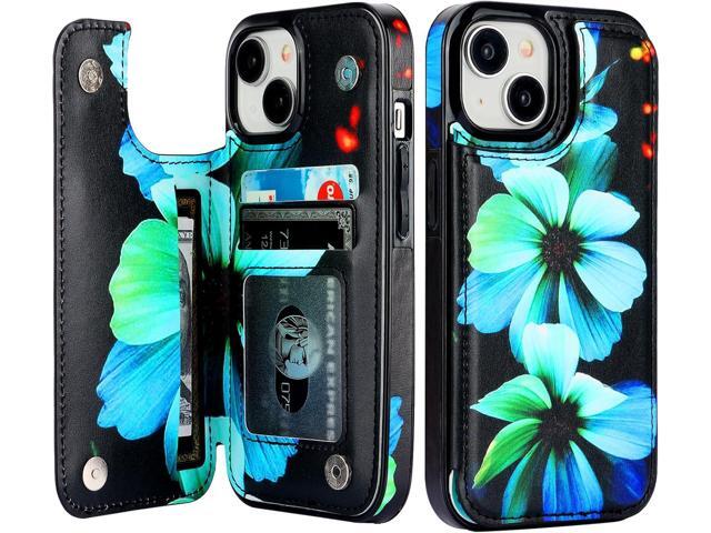 HAOPINSH for iPhone 15 Wallet Case with Card Holder, Blue Florals Pattern Back Flip Folio PU Leather Kickstand Card Slots Case for Women Girls,...