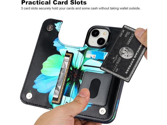 HAOPINSH for iPhone 15 Wallet Case with Card Holder, Blue Florals Pattern Back Flip Folio PU Leather Kickstand Card Slots Case for Women Girls,...