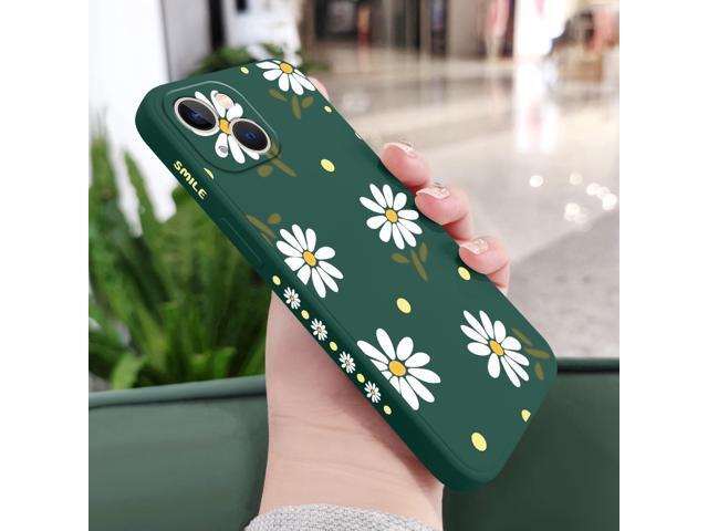 for iphone 13 Case Flower Butterfly Cute Astronaut Design Phone Cover Soft Microfiber Lining Slim Liquid Silicone Case for iphone 13-Daisy Green