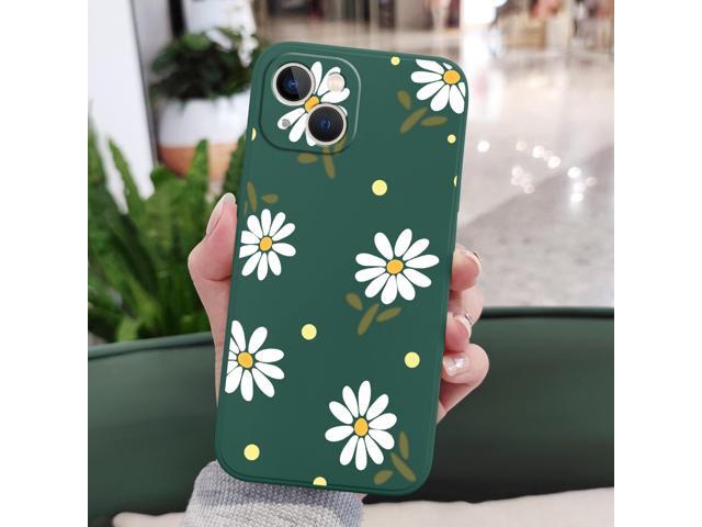 for iphone 13 Case Flower Butterfly Cute Astronaut Design Phone Cover Soft Microfiber Lining Slim Liquid Silicone Case for iphone 13-Daisy Green