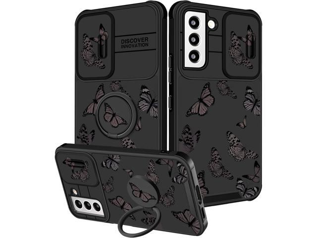 (2in1 for Samsung Galaxy S22 Case for Girls Women Cute Butterfly Cover Girly Aesthetic Black Pretty Fashion Design with Camera Cover and Ring Stand...