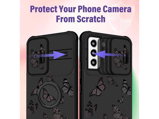 (2in1 for Samsung Galaxy S22 Case for Girls Women Cute Butterfly Cover Girly Aesthetic Black Pretty Fashion Design with Camera Cover and Ring Stand...
